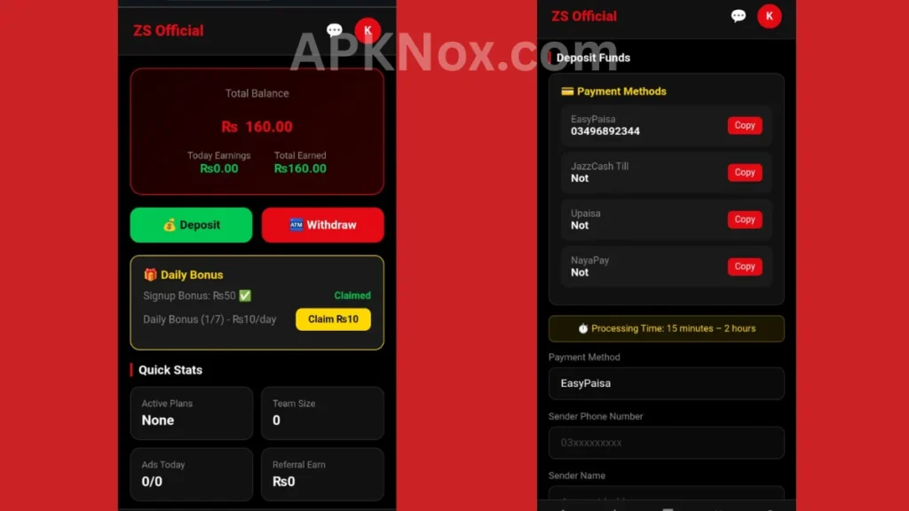 ZS Official Earning APK internal interface and profile section of app