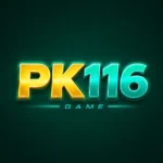 PK116 Game logo featuring bold gold and turquoise “PK116” text with the word “GAME” below on a dark green background.